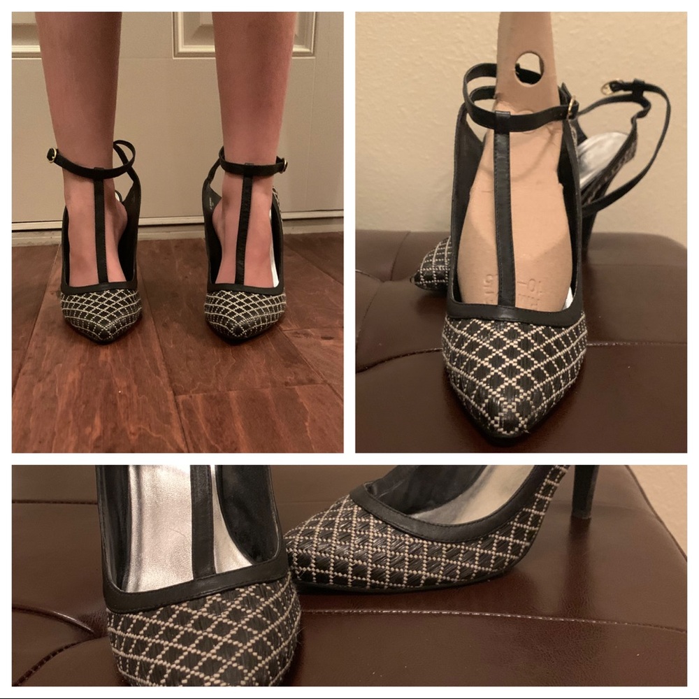 Black and white T strap heels